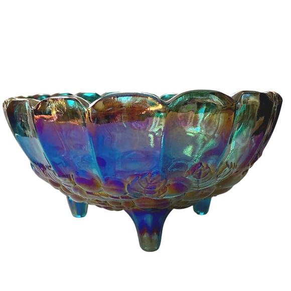 Vintage Indiana Glass “Harvest” Iridescent Blue Footed Bowl – 12x9x4” - Picture 3 of 4